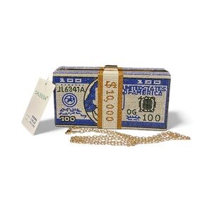 Caleesa Crystal Money Clutch Bag – Rhinestone $100 Bill Design – Blue/Gold